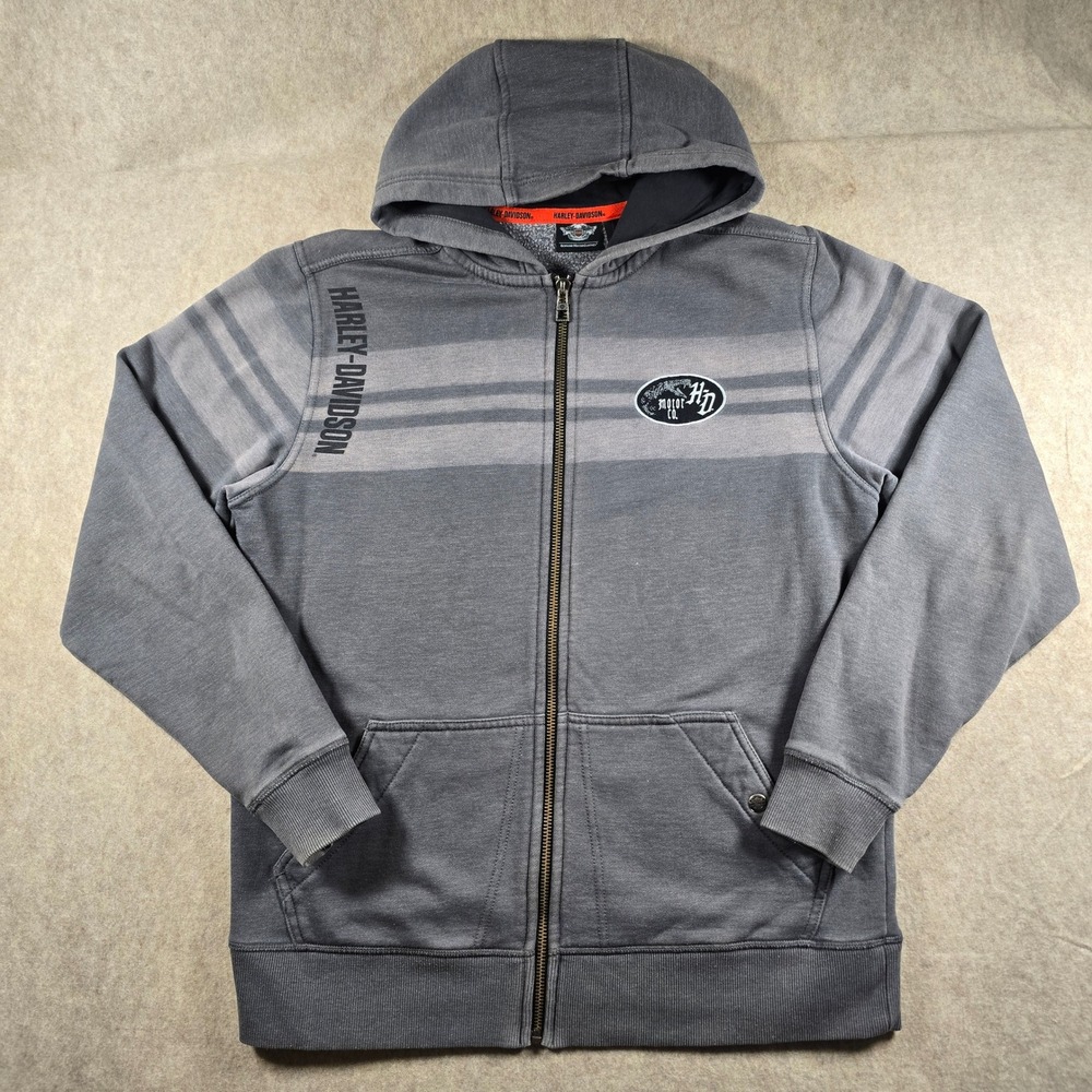 Harley-Davidson Mens Gray Striped Full Zip Hoodie Graphic Snake Patch L